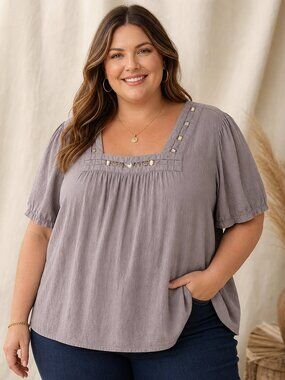 Daisy Fuentes Gray Tunic Top with Metallic Stud Accents
